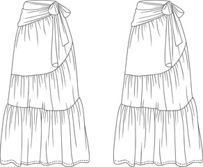 Cad drawing flat vector illustration, tiered wrap skirt design, three layer silhouette, side tie waistband, fashion sketch, garment template, sewing reference