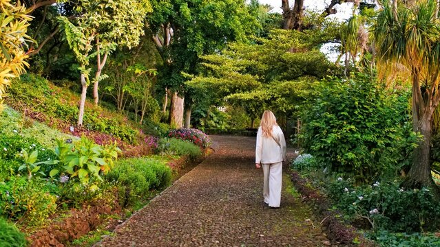 Person walking down a cobblestone path in a lush, well-maintained garden filled with vibrant plants, trees, and flowers. A serene moment of solitude and nature&rsquo;s gentle embrace.