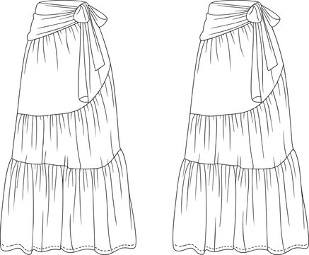 Cad drawing flat vector illustration, tiered wrap skirt design, three layer silhouette, side tie waistband, fashion sketch, garment template, sewing reference
