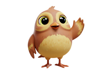 Cute Brown Cartoon Bird Waving on Transparent Background
