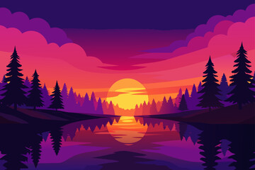 Vibrant sunset over a serene forest lake with reflections