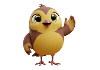 Cartoon bird waving friendly brown and yellow greeting on Transparent Background