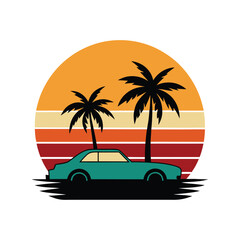 Seventies retro sunset with car and palm leaves perfect for nostalgic art with white background  