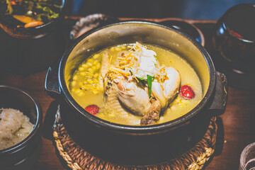 Collagen Herbal Samgyetang organic chicken ginseng soup in a stone pot