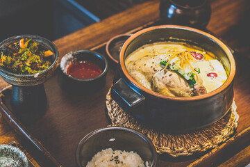Collagen Herbal Samgyetang organic chicken ginseng soup in a stone pot
