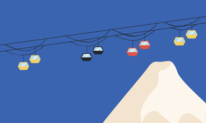 Flat winter illustration of snowy mountain landscape with ski lift gondolas. Bright design perfect for tourism, winter vacation ads, resort banners, or seasonal backgrounds.