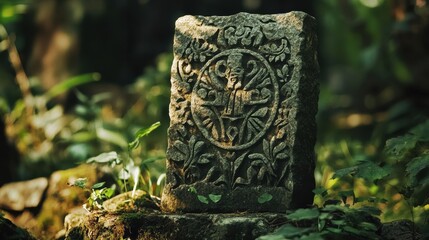 Weathered ancient artifact with engraved symbol
