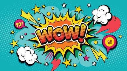 Colorful comic book text featuring boom and multiple wow exclamations, illustrating a dynamic and thrilling moment..eps
