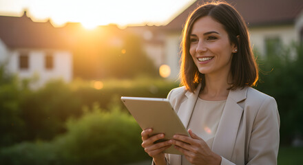 Successful businesswoman using tablet in beautiful suburban neighborhood achieving real estate goals sunset light happy confident woman technology innovation home ownership dream home