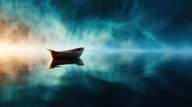 A serene boat floats on calm waters, surrounded by enchanting fog and ethereal light at dawn, evoking feelings of peace, solitude, and mystery in the environment.