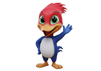 Cute Red-Headed Cartoon Bird Character Waving on Transparent Background