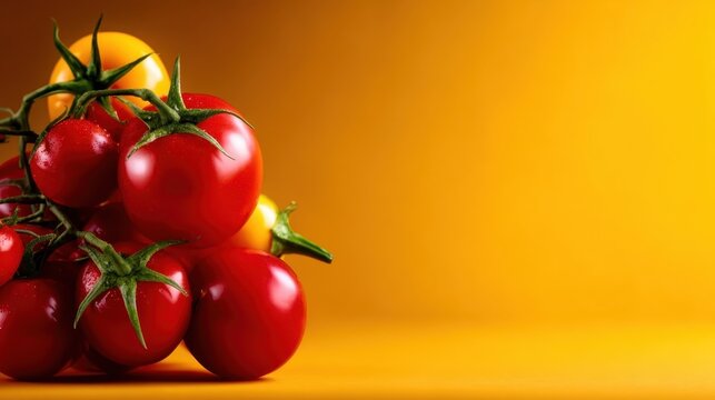 A vibrant collection of fresh red tomatoes on a bold orange background, showcasing their natural glossiness and ripeness, promoting a sense of freshness and health.