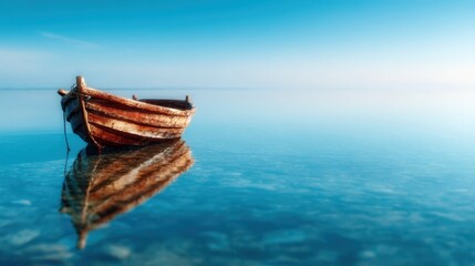 Obraz premium A solitary, rustic boat floats serenely on a glassy expanse of water, reflecting the endless sky, portraying a sense of isolation, peace, and the beauty of simplicity in nature.