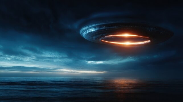 An atmospheric scene depicting a mysterious UFO hovering over tranquil ocean waters during twilight, sparking imagination and curiosity about the unknown and extraterrestrial life.