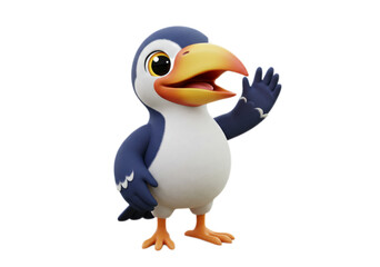 Cartoon Bird Waving with Blue Feathers on Transparent Background