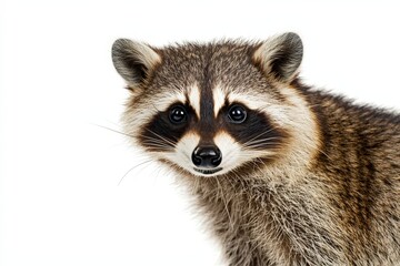 Obraz premium Close-Up Portrait of a Raccoon Displaying Curious Expression Against a Plain White Background, Ideal for Nature and Wildlife Photography Collections