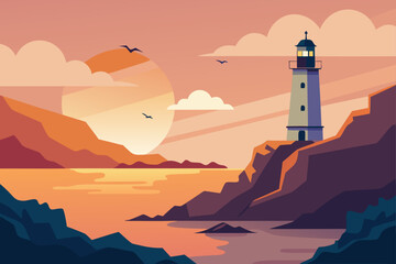 Lighthouse on a rocky coast at sunset with seagulls flying