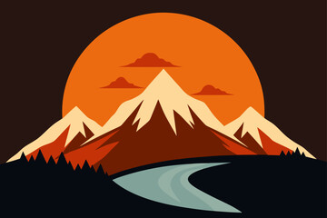 Stylized mountain landscape with a large orange sun and river