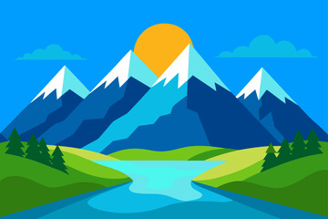 Stylized mountain landscape with river and sun