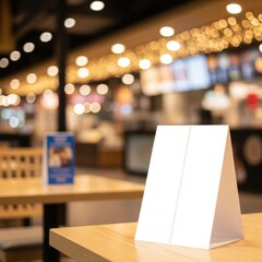 Blank white menu holder on a wooden table in a restaurant