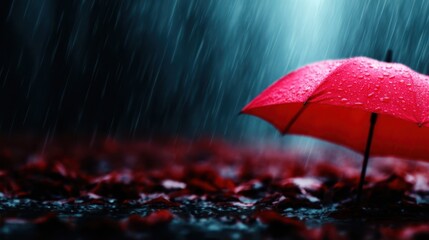 A striking red umbrella stands out in the rain against a backdrop of vibrant autumn leaves, capturing the beauty and solitude of a rainy day in nature.