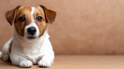 A charming puppy lies comfortably on a warm, neutral background, capturing the essence of innocence, companionship, and the joy that pets bring to our lives.