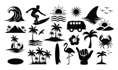 Beach and surf silhouette Vector set with tropical elements. Summer surf set, palm trees, waves, surfboards, a van, flamingos, and ocean elements in a bold black silhouette style. Perfect for summer d