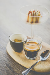 affogato with espresso and vanilla ice cream and crumbs on the side