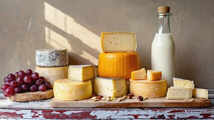An aesthetic still life with a variety of cheeses on a wooden board, surrounded by red grapes and a glass bottle of milk.