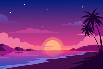 Vibrant tropical beach sunset with palm trees and reflection