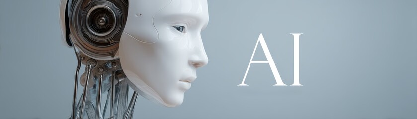 A futuristic robotic face symbolizes artificial intelligence, showcasing intricate design and advanced technology against a minimalist background, AI Super Agents
