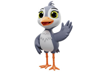 Cartoon Bird Waving Gray and White 3D Character on Transparent Background