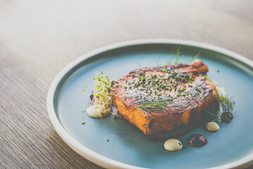 Iberico Pork Rack with warm spice rub served on a plate