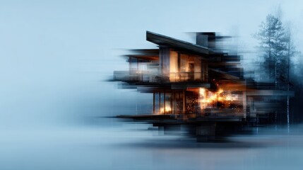 An avant-garde architecture design combines functionality and aesthetics in a foggy setting, drawing attention to its unique silhouette and warm interior light that sparks intrigue.