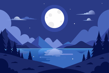 Flat design night landscape with full moon over a lake and mountains