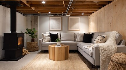 Cozy Basement Living Room with Fireplace and Stylish D&eacute;cor for Relaxation