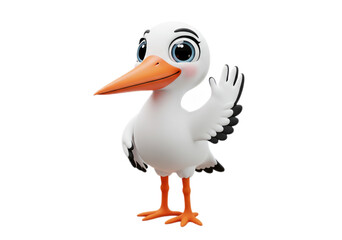 Cartoon Stork Waving with Orange Beak on Transparent Background
