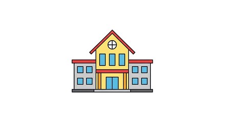 Illustration of a two story building with a yellow facade and a red roof on a white background