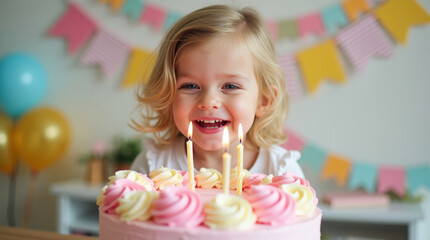 Smiling young girl celebrates birthday with pink cake and lit candles. Joyful childhood moment with festive balloons and decorations in background