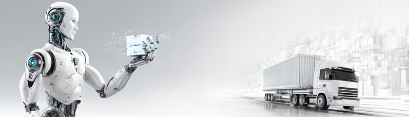Naklejka premium A futuristic robot holds a package while a truck is seen in the background, illustrating the intersection of technology and logistics, AI Super Agents