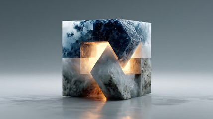 Abstract geometric cube with light emitting crevices on gray background