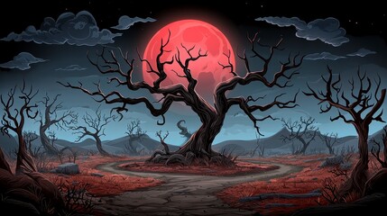 Fototapeta premium Barren Landscape with Red Moon and Dead Tree Pixel Art Night Scene