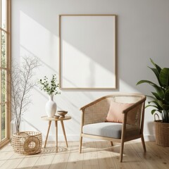 Rattan armchair in a bright room with a blank picture frame and plant