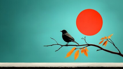 Fototapeta premium Black Bird on Branch Against Teal Sky and Red Sun