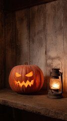 Obraz premium Evil faced pumpkin with lantern on rustic wooden shelf, creating dramatic Halloween setup