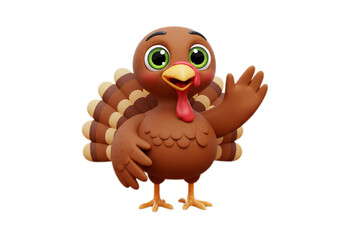 Cartoon Turkey Waving Hand with Brown Feathers on Black