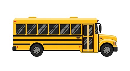 A side view of a yellow school bus with black stripes and windows on a white background illustration