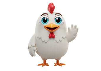 Cartoon Chicken with Blue Eyes Waving on Transparent Background