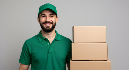 Happy delivery man smiling holding three cardboard boxes fast shipping service package delivery courier logistics express transport order shipment fast delivery man in green uniform