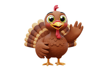 Cartoon Turkey Waving Happy Thanksgiving Greeting on Transparent Background